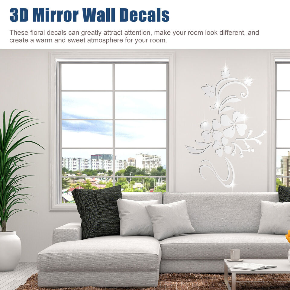 3D Mirror Flower Art Removable Wall Sticker Acrylic Mural Decal.