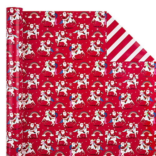 WRAPAHOLIC Reversible Christmas Wrapping Paper - Mini Roll - 17 Inch X 33 Feet - Red Santa Claus and Unicorn, Red and White Stripe Design for Holiday, Party, Celebration