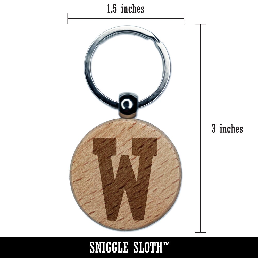 Letter W Uppercase Fun Bold Font Engraved Wood Round Keychain Tag Charm