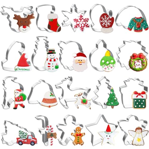 20 Pieces Christmas Cookie Cutters, Hibery Holiday Cookie Cutters Christmas, Reindeer, Snowflake, Christmas Tree, Gingerbread Man, Santa, Bell &#x26; More Cookie Cutters Christmas Shapes