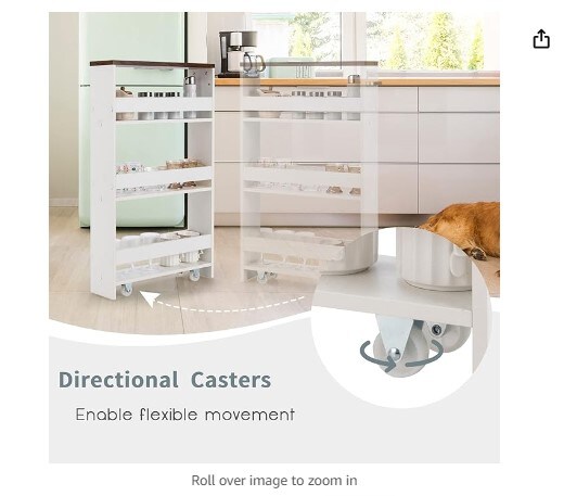 Slim Rolling Storage Cart, 4-Tier Utility Cart, Wood Kitchen Storage Cart with Handle and Wheels, Narrow Rolling Shelving Unit for Bathroom Laundry and Small Spaces