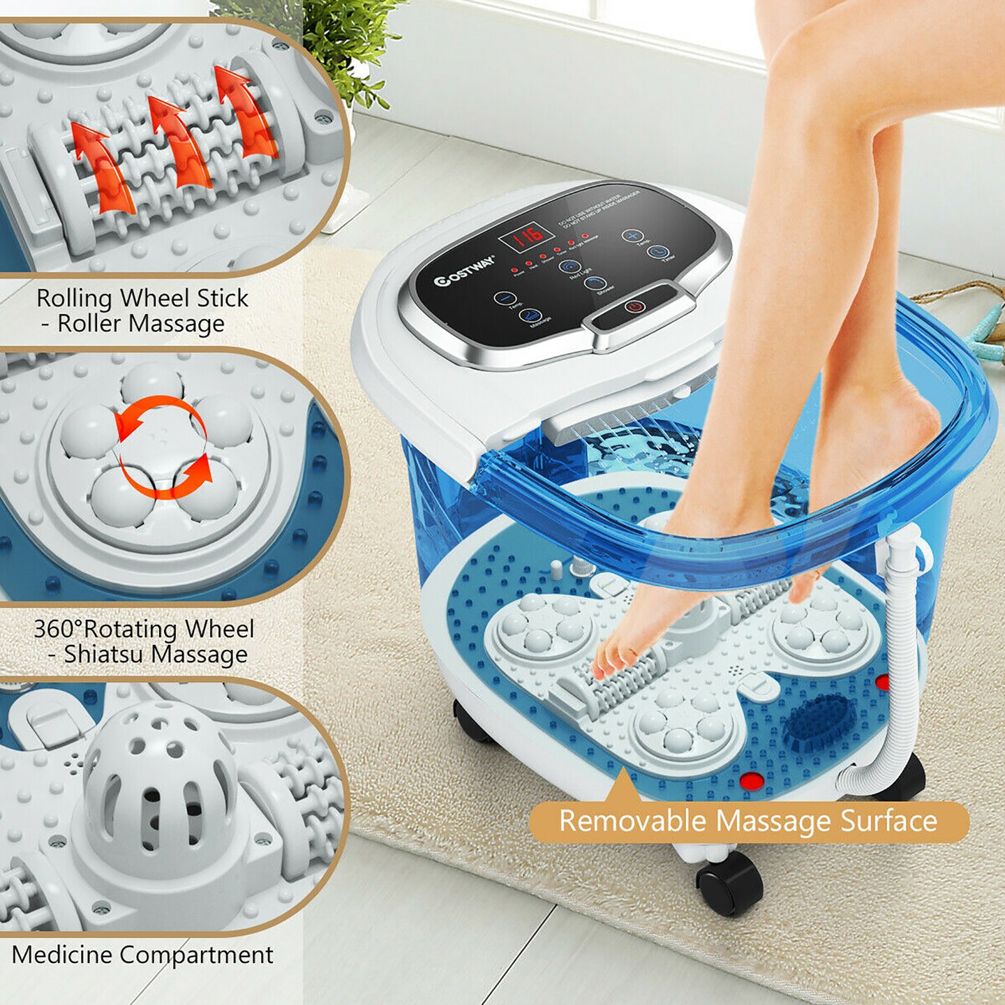 Costway Portable Foot Spa Bath Motorized Massager Electric Feet Salon Tub with Shower Blue&#x26;White/Blue/Coffee/Grey/Black