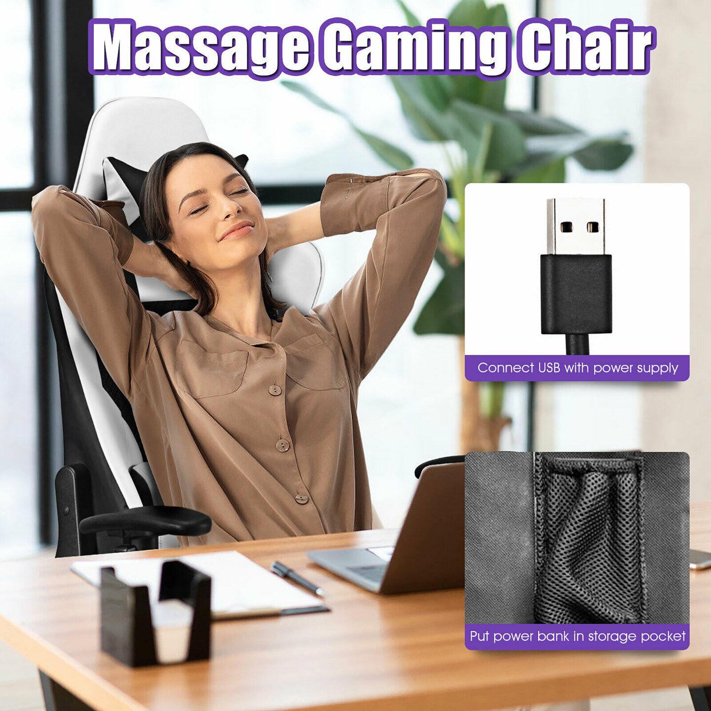 Costway Massage Gaming Chair Recliner Racing Chair w/ Massage Lumbar Support &#x26; Footrest