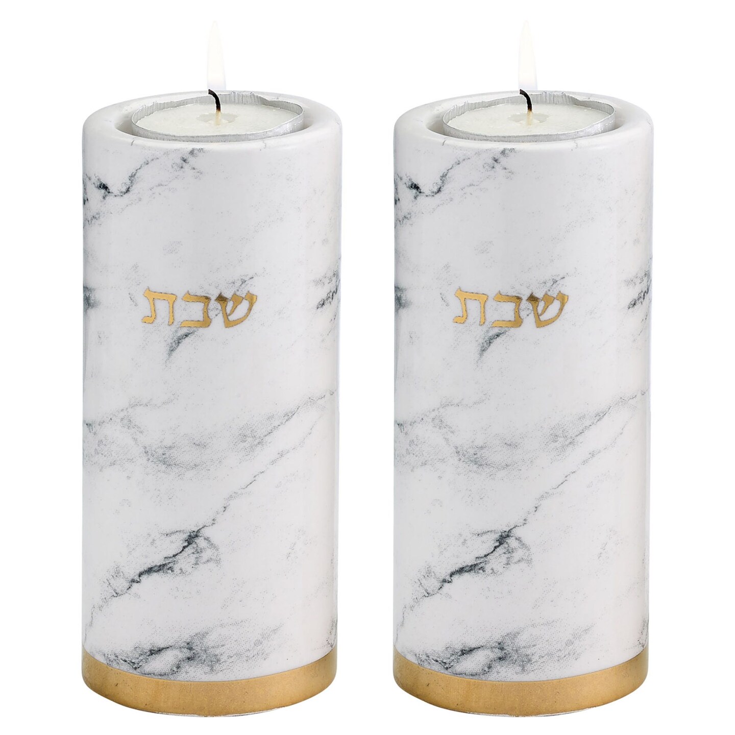 Rite Lite 2pc White and Gold Marble Design Shabbat Candle Holder Set 5.5"
