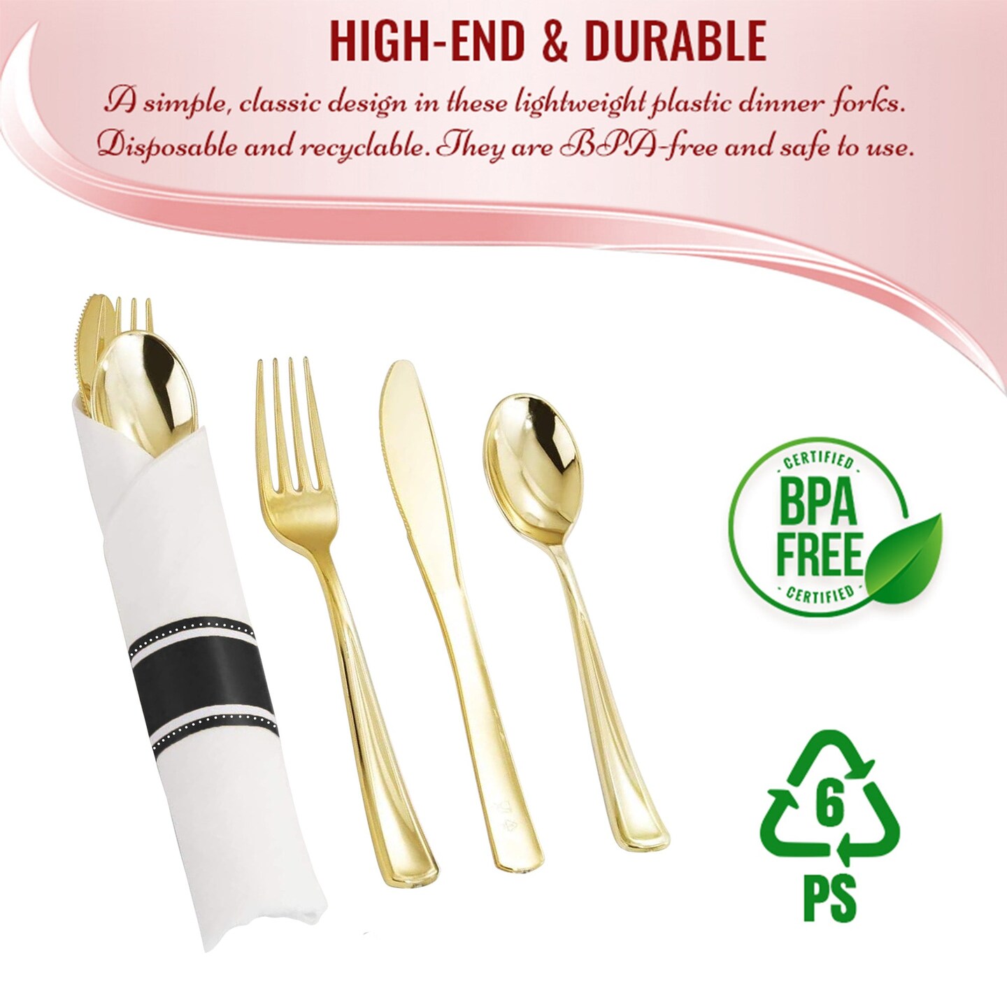 Gold Plastic Cutlery White Napkin Rolls Set (100 Guests)