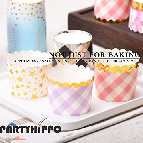 25 Pieces Party Hippo Cupcake Cups, 4.5 Oz Disposable Foil Muffin Liners, Gold Cupcake Baking Cups, Baking Cups (Gold Dots Pink)
