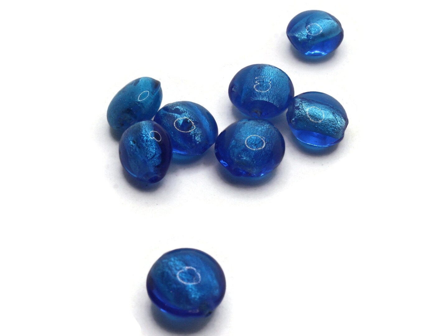 8 12mm Blue Lampwork Glass Puffed Coin Beads