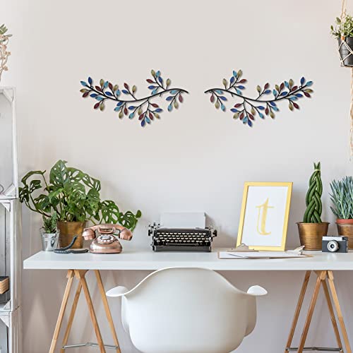 2 PCS Metal Tree Leaf Wall Decor Vine Olive Branch Leaf Wall Art Wrought Iron Scroll Sculptures Above The Bed, Living Room, Outdoor Decoration (Bright Color)