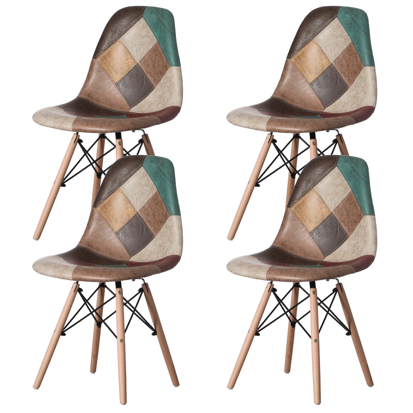 Modern Fabric Patchwork Chair with Leather and Suede Like Tones with Wooden Legs for Kitchen, Dining Room, Entryway, Living Room