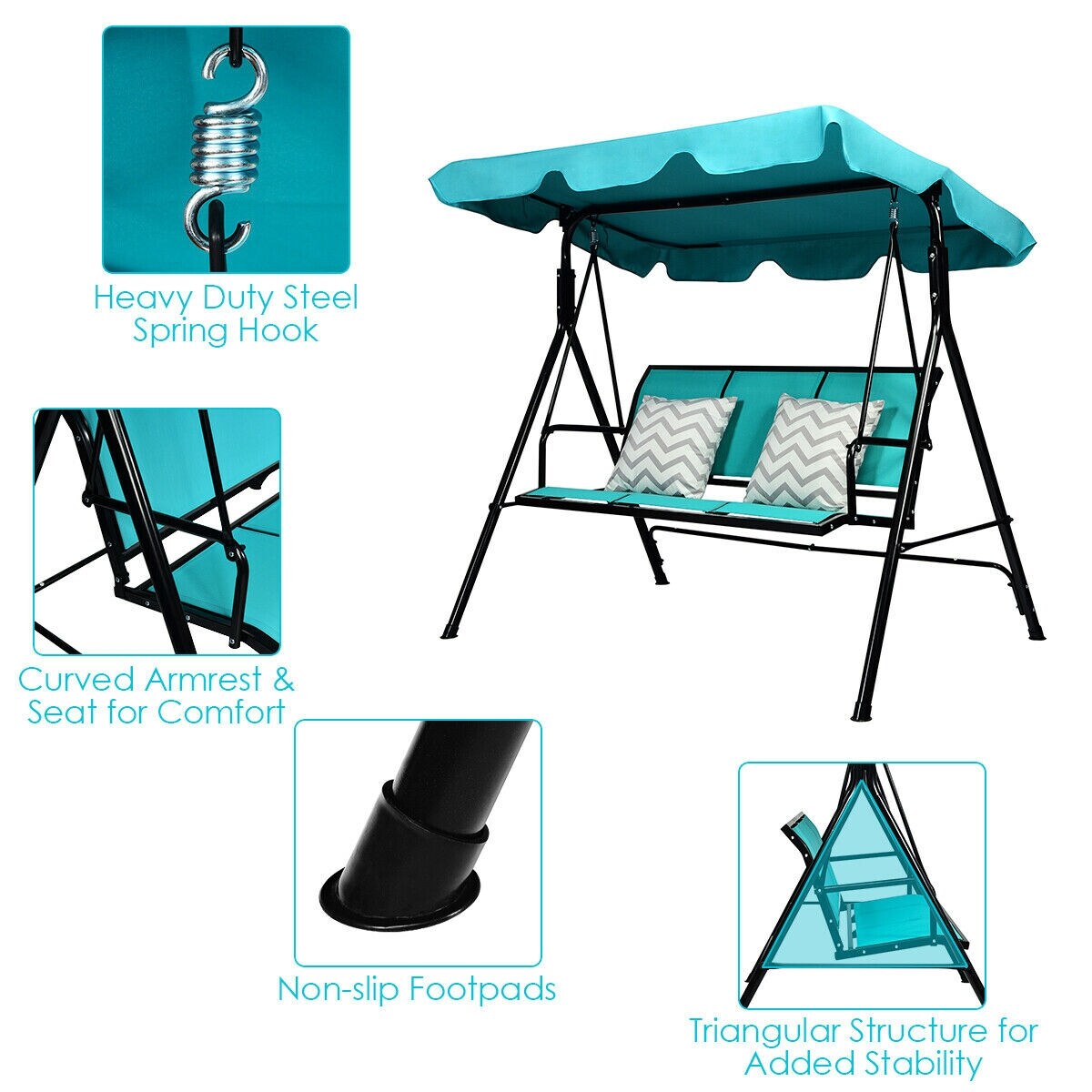 3 Person Patio Swing with Polyester Angle Adjustable Canopy