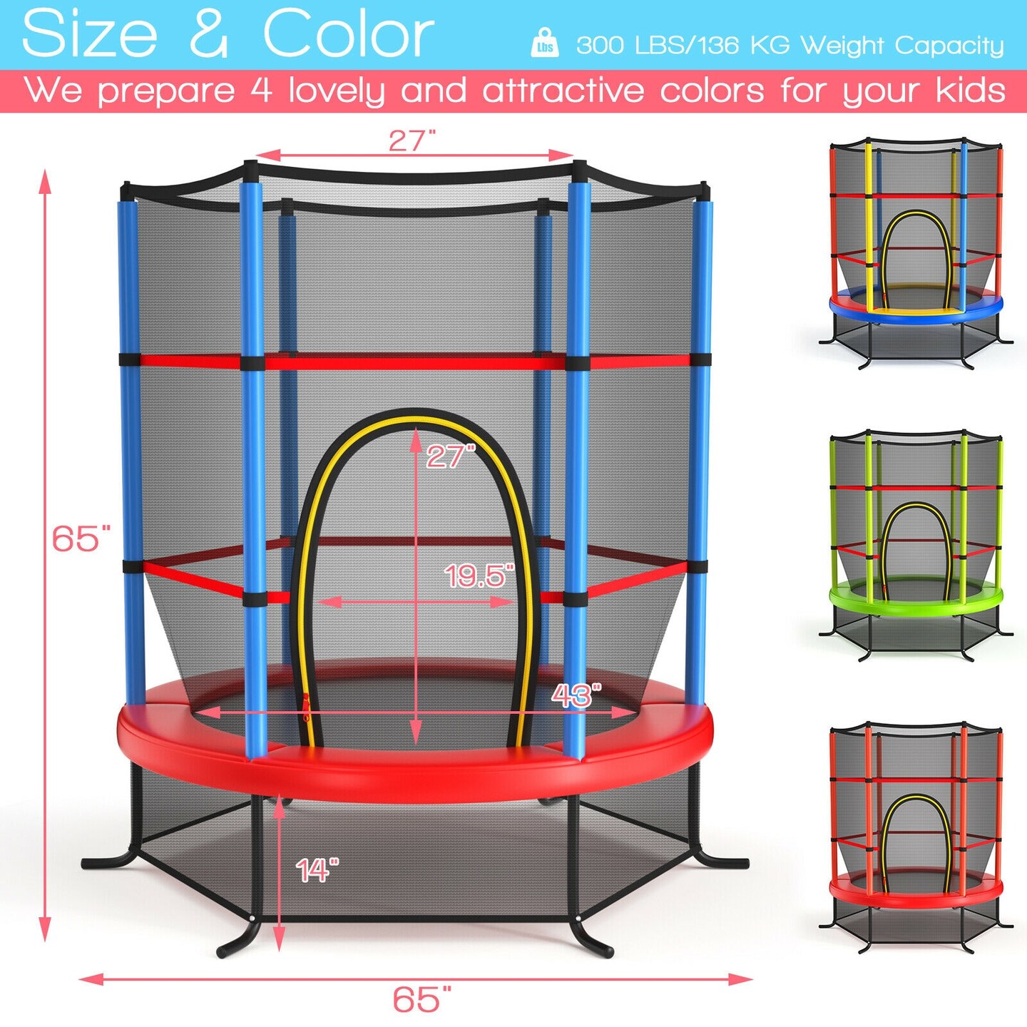 65 Inch Kids Recreational Trampoline Bouncing Jumping Mat with Enclosure Net