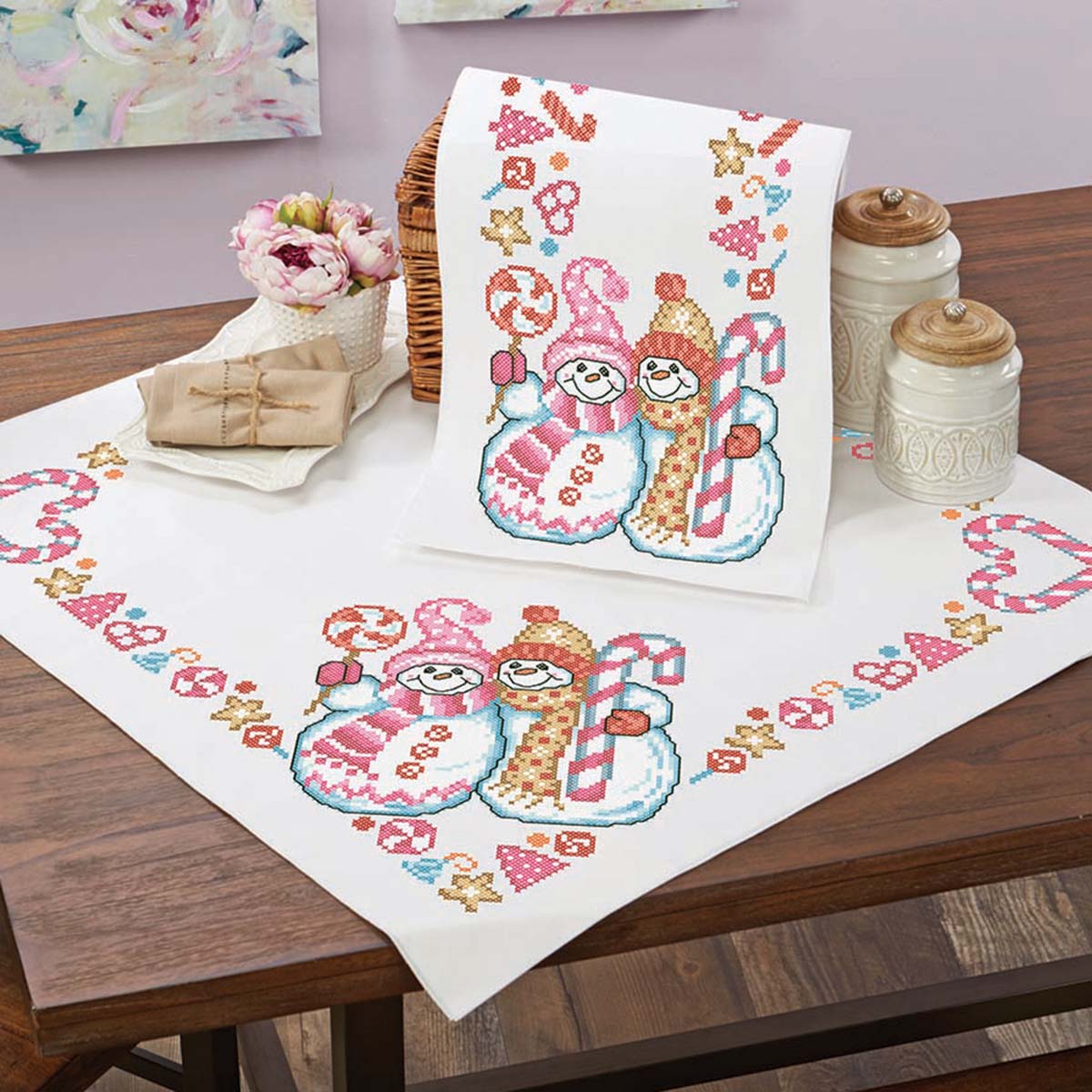 Herrschners  Candy Pink Christmas Table Topper &#x26; Table Runner Stamped Cross-Stitch