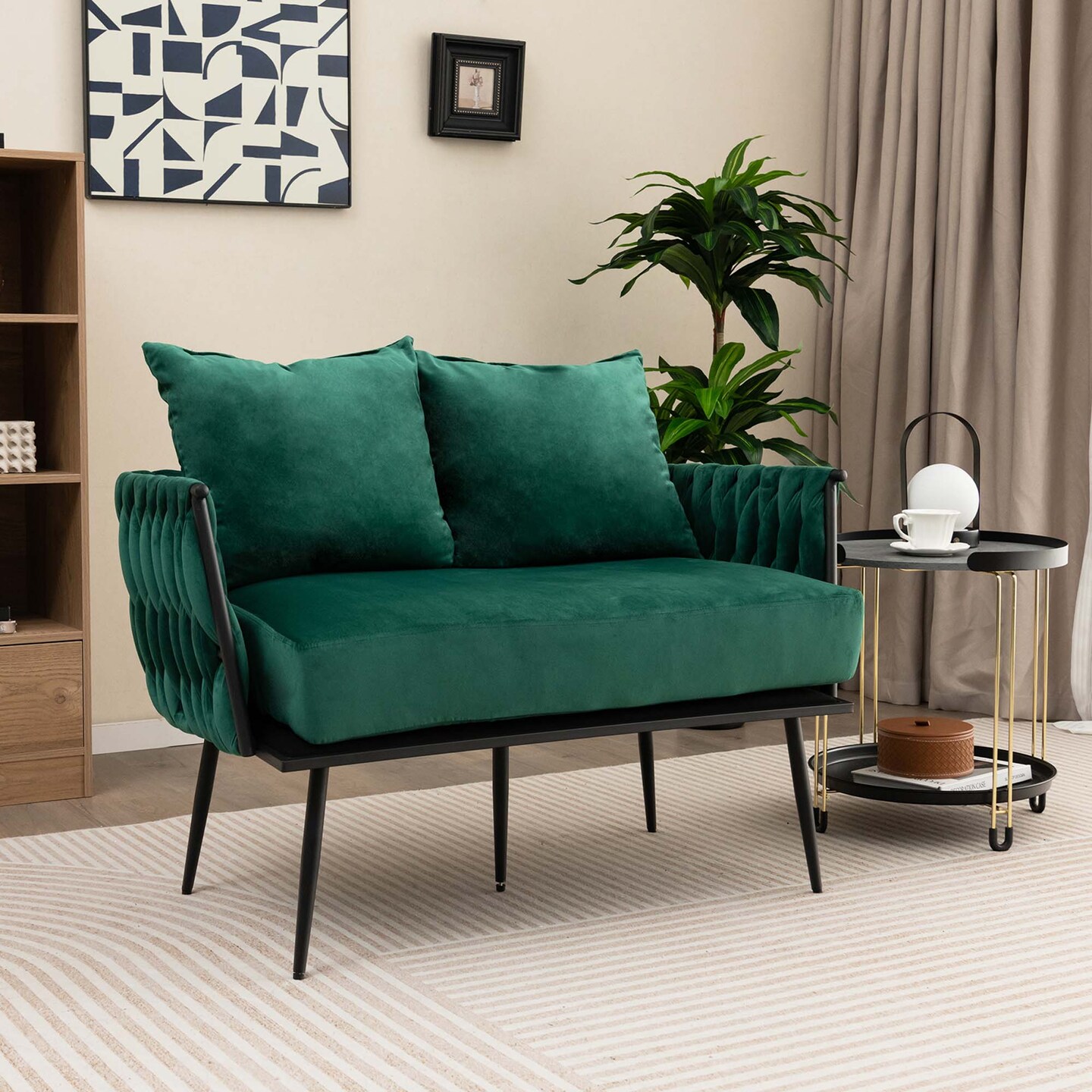 Costway Modern Loveseat Sofa Upholstered Dutch Velvet Couch with Woven Back &#x26; Arms Green/Grey