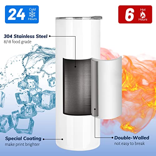 8 Pieces Sublimation Tumblers Blank 20 oz Straight Skinny Bulk for Heat transfer, Double Wall Insulated Tumbler with Lids, Straw, Rubber Bottoms, Individually Gift Boxed and Shrink Wrap Films