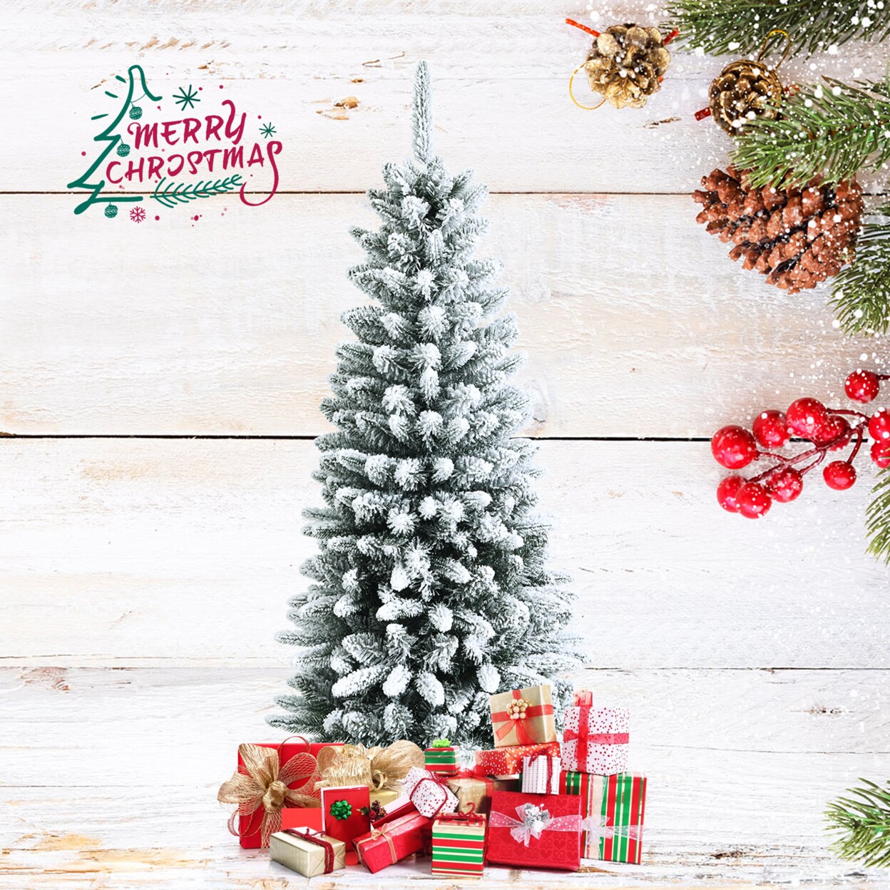 4.5/6.5/7.5 Ft Artificial Slim Christmas Tree Unlit Snow-Flocked Xmas Pencil Tree