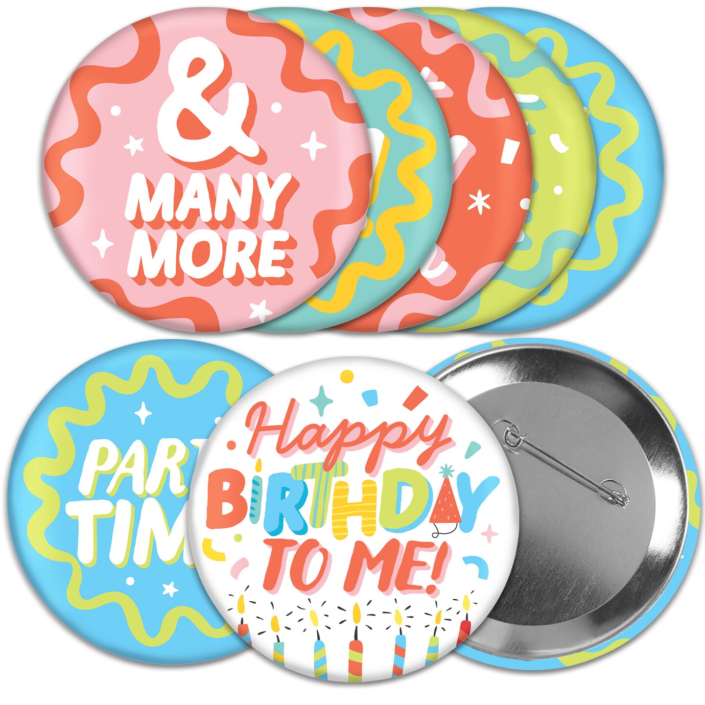 Big Dot of Happiness Party Time - 3 inch Happy Birthday Party Badge - Pinback Buttons - Set of 8