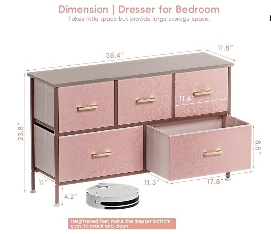 5 Drawers Dresser for Bedroom, Pink Dresser with Fabric Drawers, Chest of Drawers with PU Finish, Metal Handle, Storage Organizer Unit for Closet, Kids Room, Living Room, Tv Stand up to 43&#x27;&#x27;, Pink