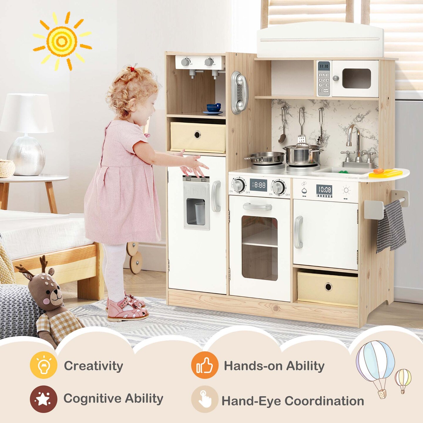 Costway Kids Pretend Play Kitchen Wooden Toy Playset with LED Lighting &#x26; Coffee Maker