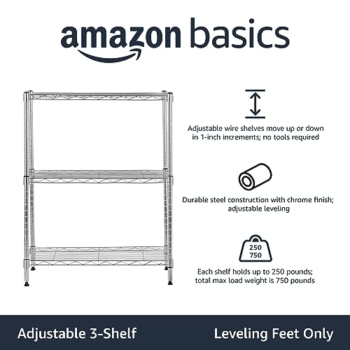 Basics 3-Shelf Narrow Adjustable, Heavy Duty Storage Shelving Unit  (250 lbs loading capacity per shelf), Steel Organizer Wire Rack, Chrome