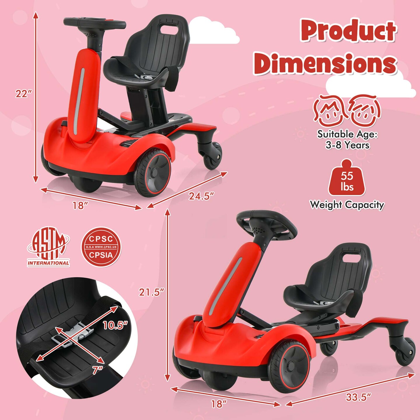 Costway 6V Kids Ride On Drift Car Electric Drifting Go Kart for Kids with 360&#xB0; Spin Dark/Pink/Red/White