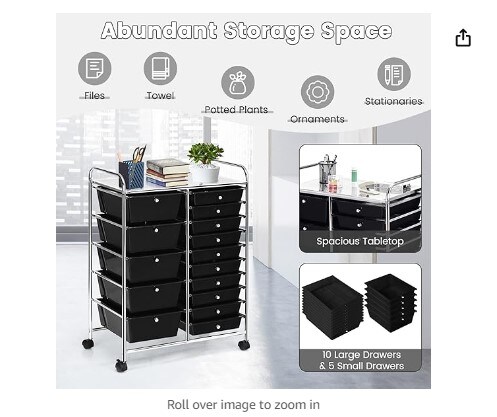 Rolling Storage Cart with 15 Drawers, Multipurpose Mobile Storage Organizer with Removable Drawers and Metal Frame, Utility Tools Home and Office Paper Organizer on Wheels (Black)