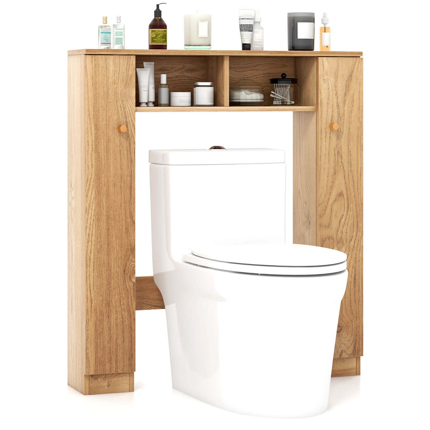 Costway Over The Toilet Storage Cabinet Double Door Bathroom Toilet Storage Organizer Natural/White