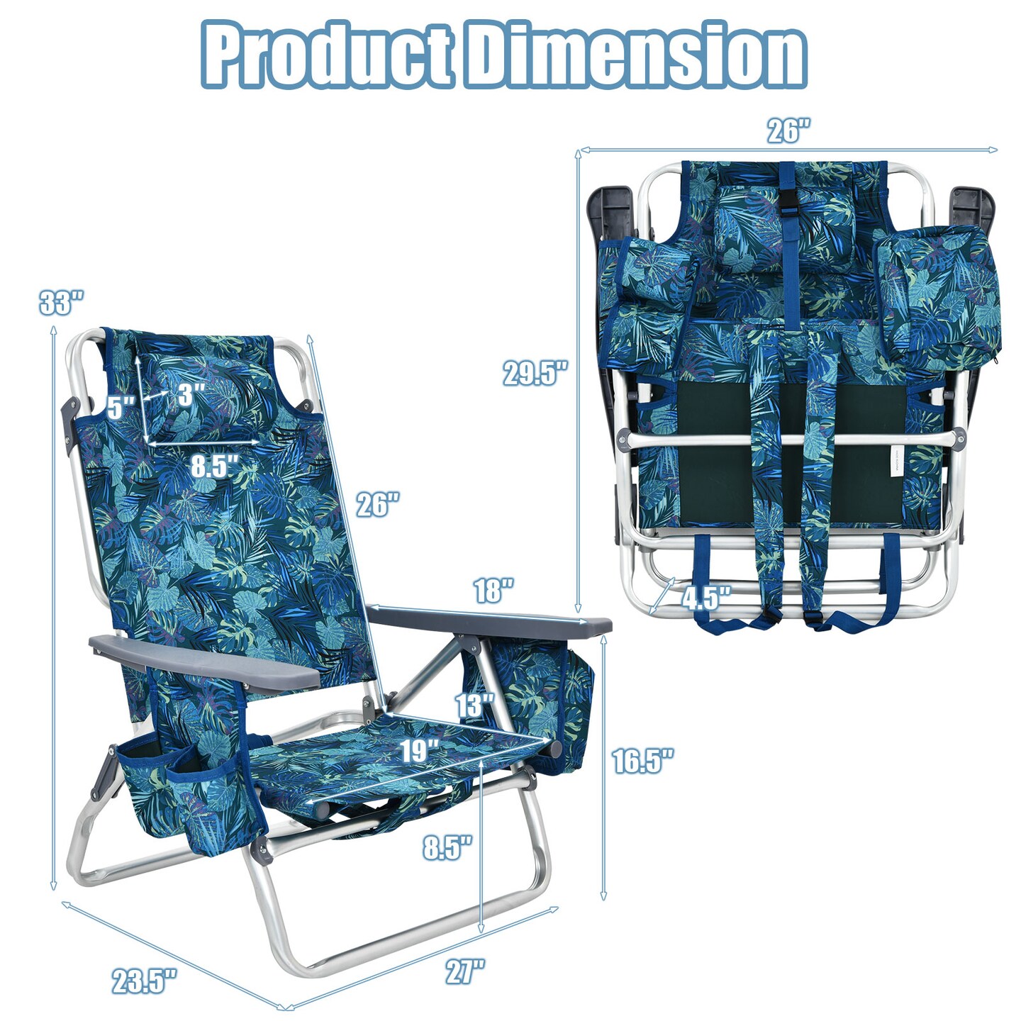 4-Pack 5-Position Outdoor Folding Backpack Beach Reclining Chair with Pillow