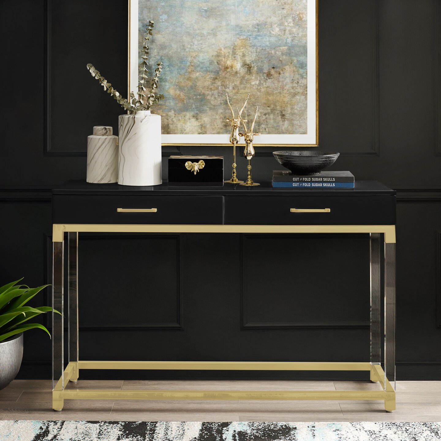 Caspian High Gloss 2 Drawer Acrylic Leg Metal Base Console Table