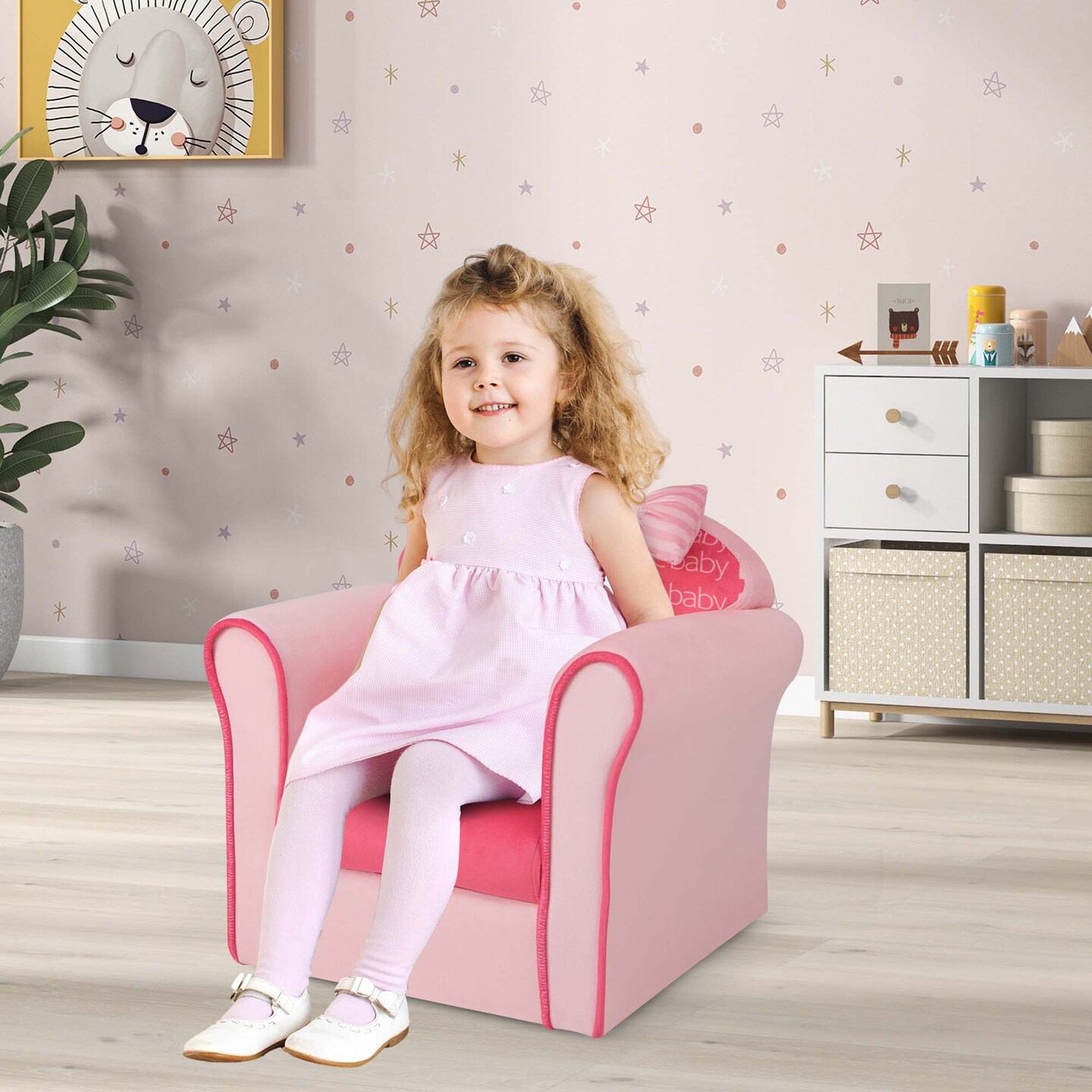 Costway Kids Cute Pink Bow Sofa Children Couch Toddler Upholstered Armchair Solid Wood