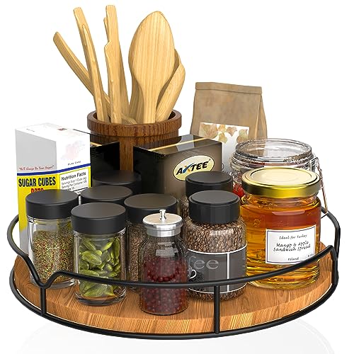 Lazy Susan Turntable Organizer for Cabinet Pantry Kitchen Countertop Refrigerator Cupboard, Pine Wood, 9&#x22;, Carbonized Black