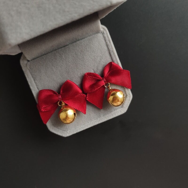 New Style Temperament Red Color Christmas Bow Stud Earrings for Women Rhinestone Bowknot Red Ball Earring Girls Party Jewelry