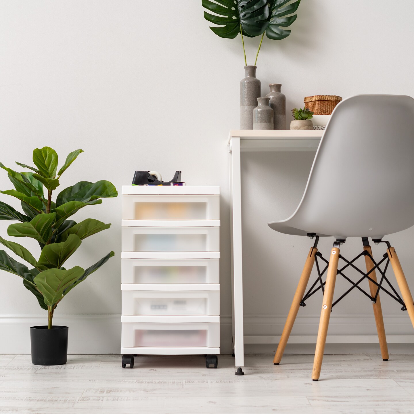 5-Drawer Storage Cart with Organizer Top, White/Pearl