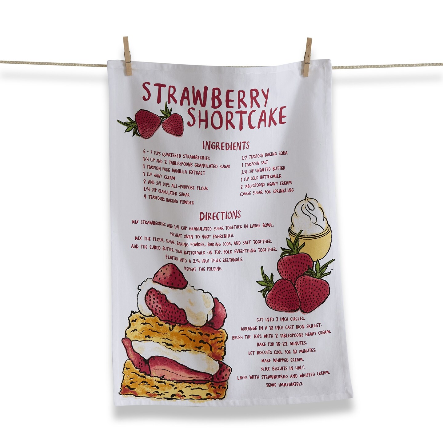 Strawberry Shortcake Recipe on White Background Cotton   Kitchen Dishtowel 26L x 18W in.