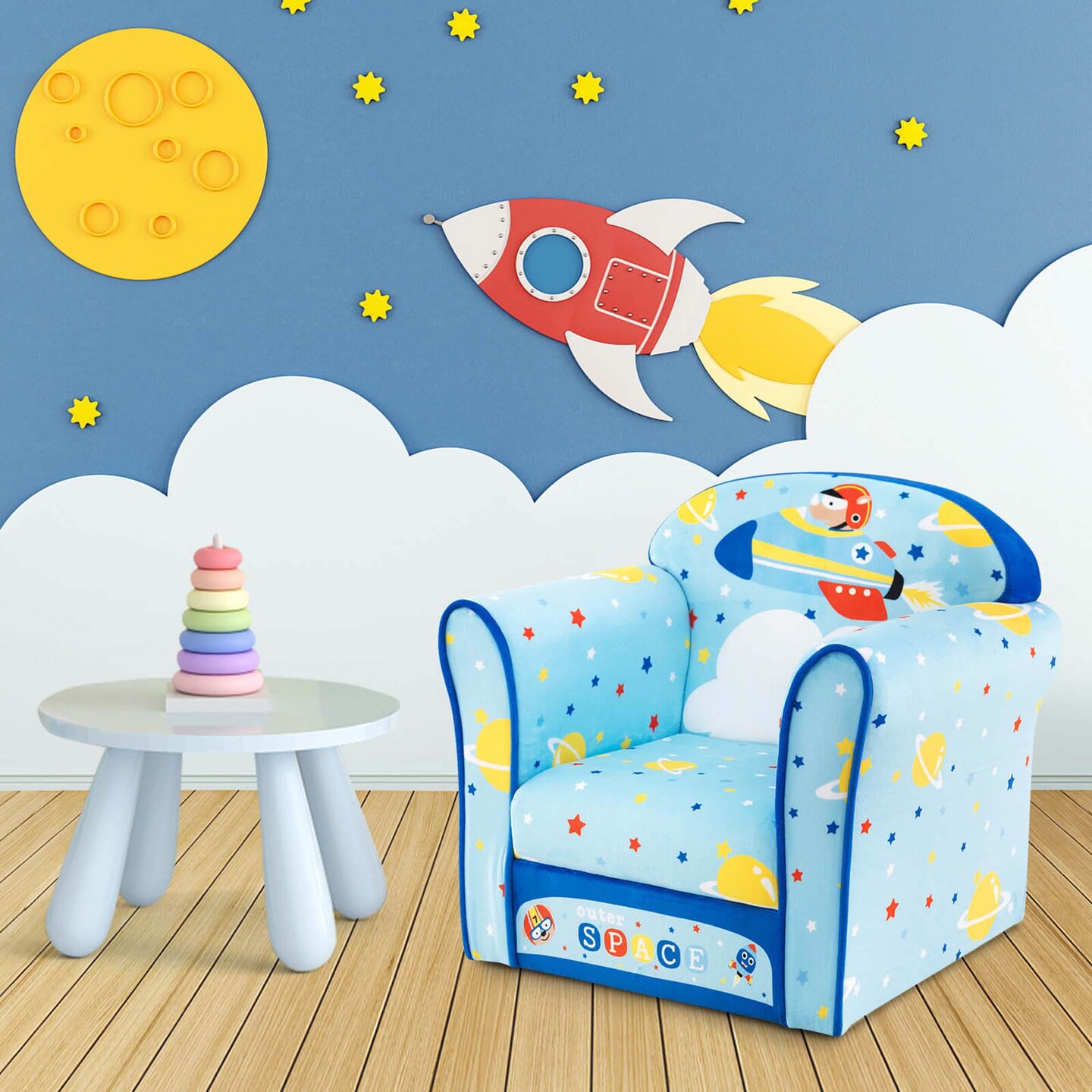 Costway Kid&#x27;s Sofa Chair Toddler Upholstered Armchair Wooden Frame Children Couch Blue