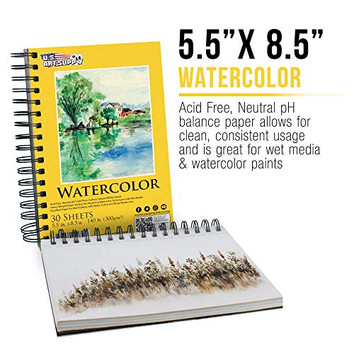 5.5&#x22; x 8.5&#x22; Premium Heavyweight Watercolor Painting Paper Pad, Pack of 3, 30 Sheets Each, 140lb (300gsm) - Spiral Bound, Cold Pressed, Acid-Free, Wet, Mixed Media - Artists, Students