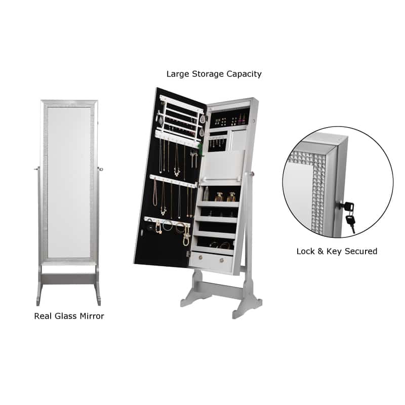 Shimmer Crystal Border Cheval Mirror Jewelry Armoire with LED Lights