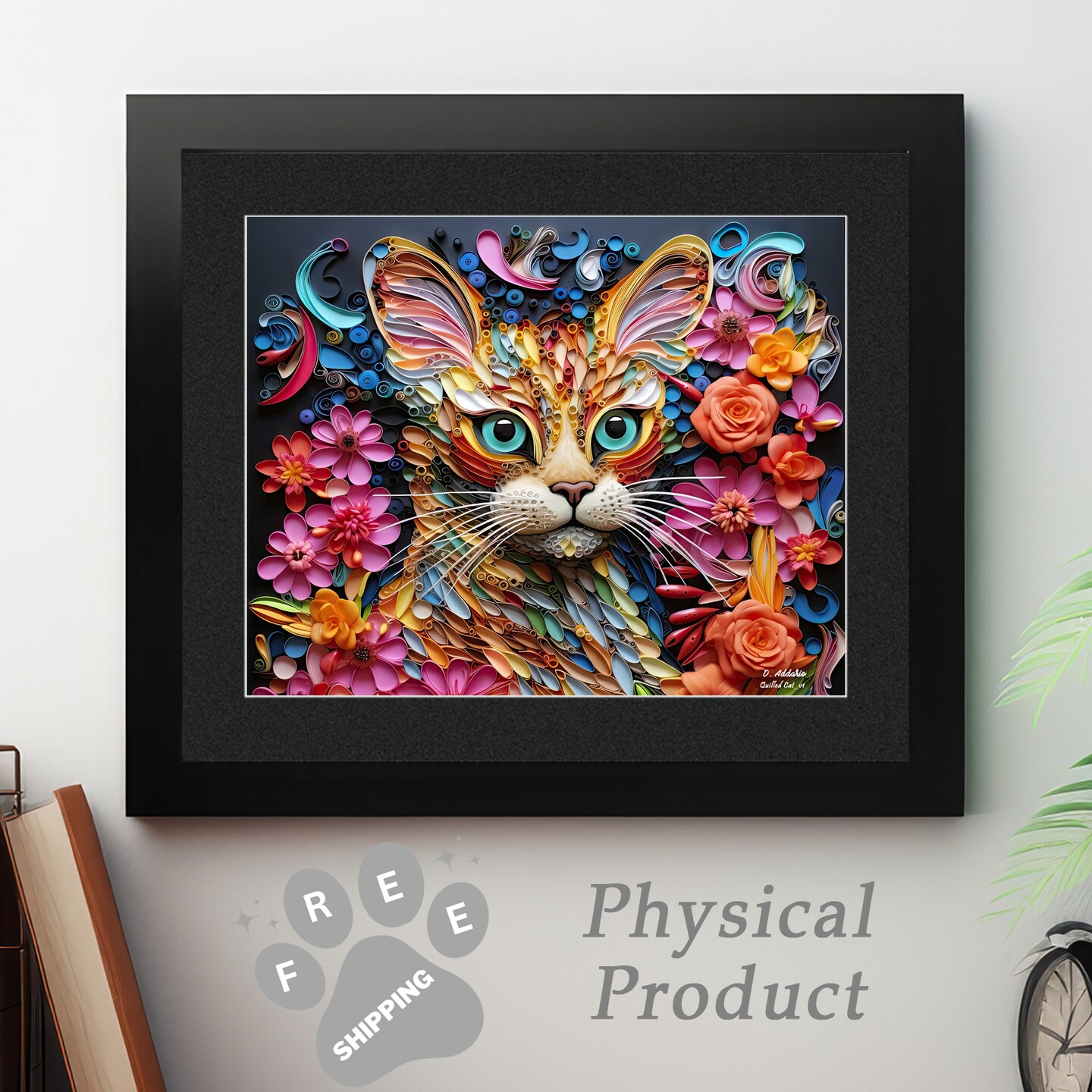 Cat and Flowers Art Quilted 3D Paper Effect Dimensional Wall Decor Cat