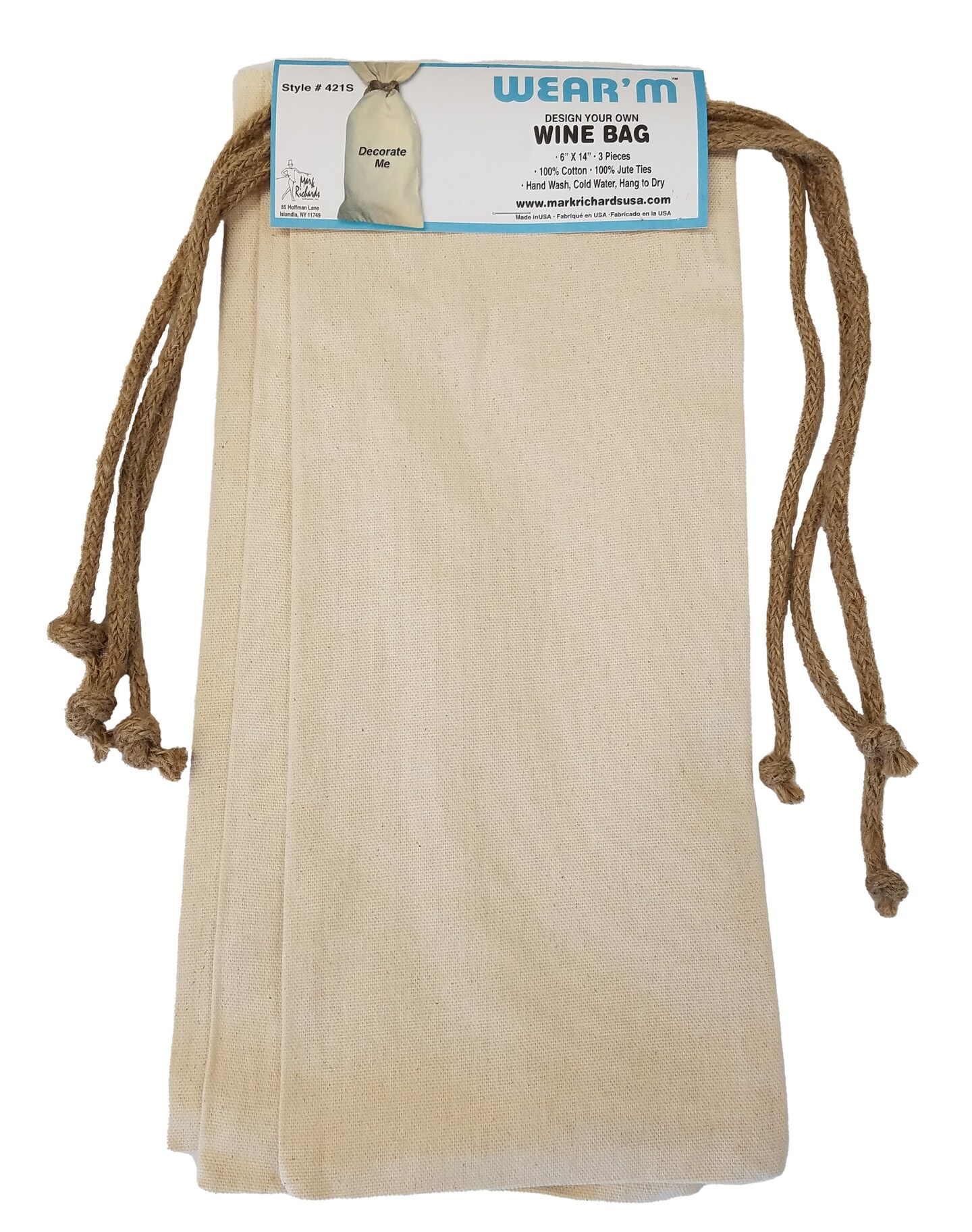 Wear&#x27;m Canvas Wine Bottle Bag 6&#x22;X14&#x22; 3/Pkg-Natural
