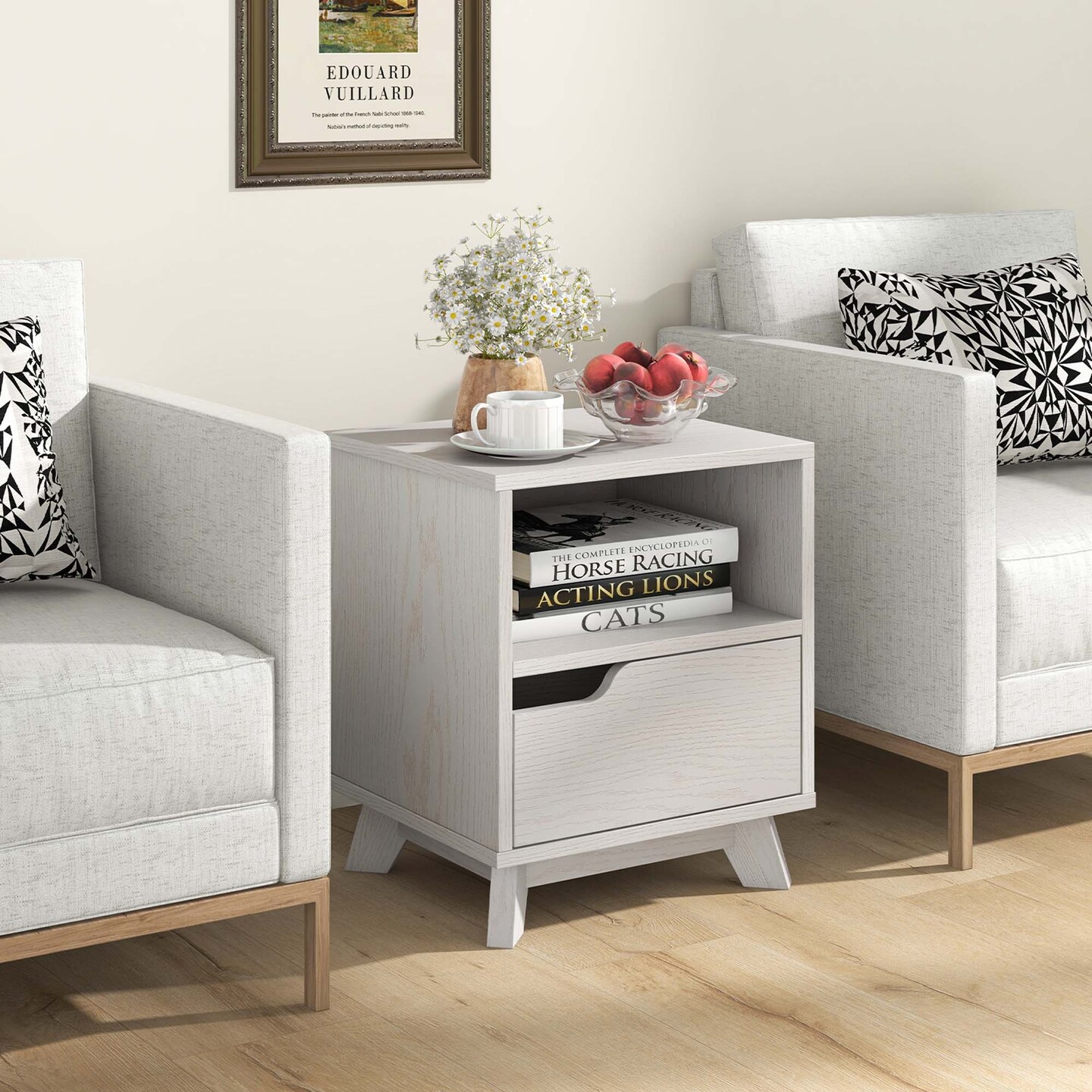 Costway 1/2 PCS Nightstand Sofa Side End Table with Storage Shelf &#x26; Drawer Space-Saving White