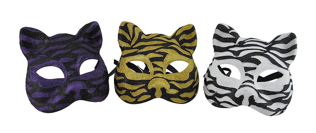 Set of 3 Sparkling Animal Stripe Gotto Carnivale Cat Masks