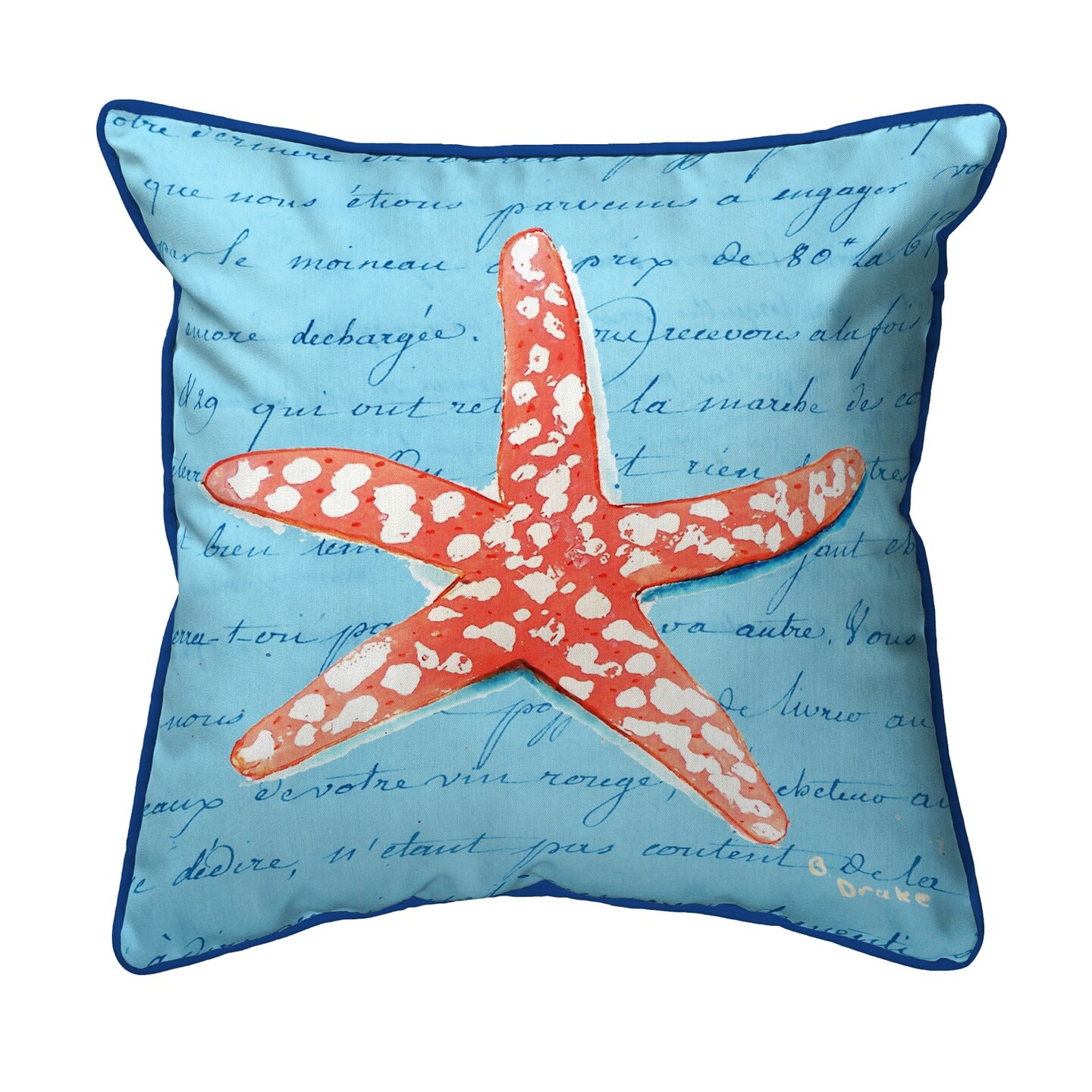 Betsy Drake Coral Starfish Blue Small Indoor/Outdoor Pillow 12x12