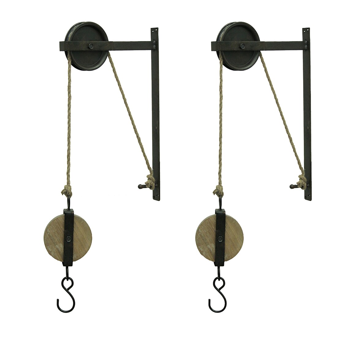 Rustic Vintage Style Metal and Wood Pulley and Hook Wall Hanging