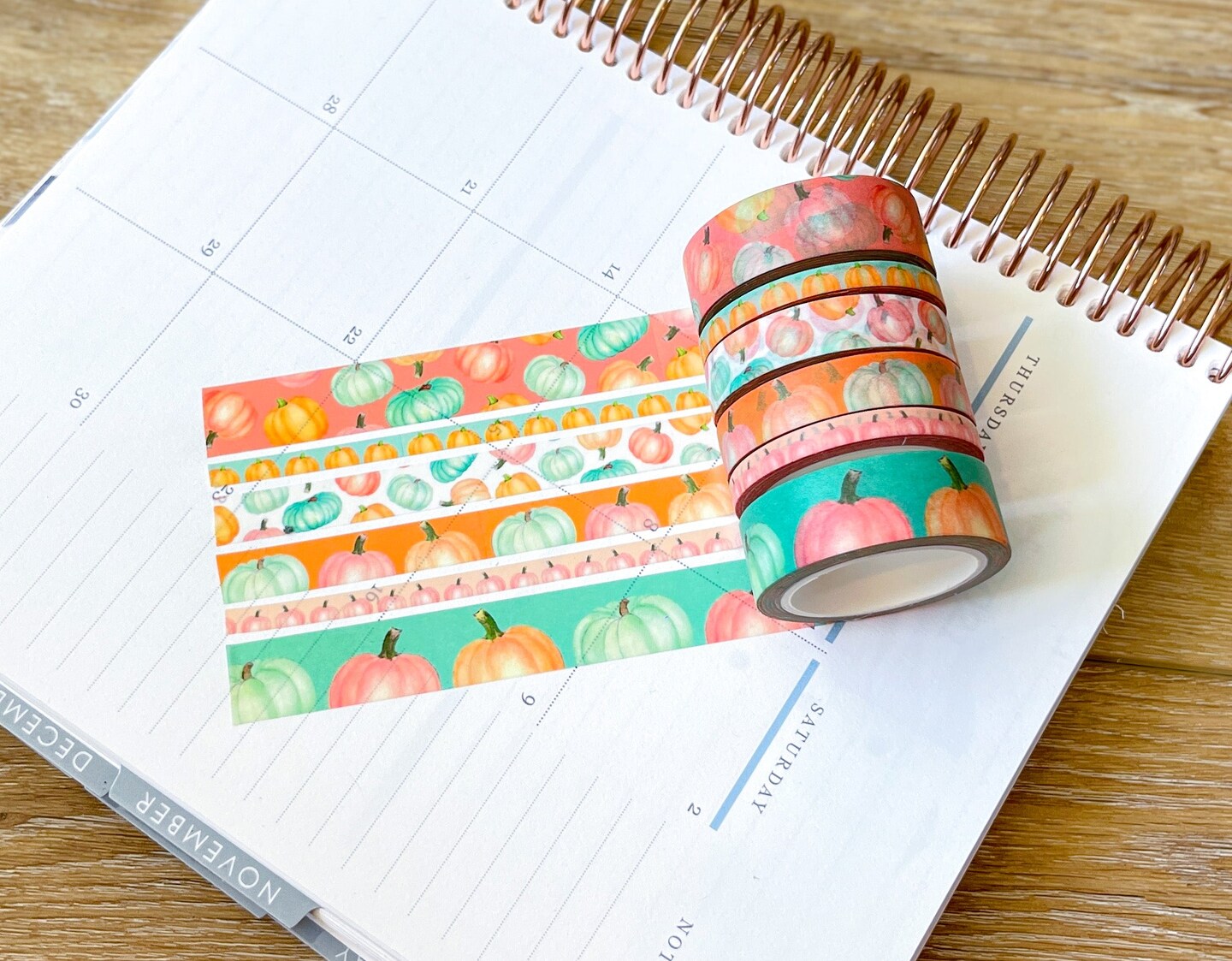 Pastel Boho Teal Pink & Orange Pumpkins Washi Tape Set (#W068)