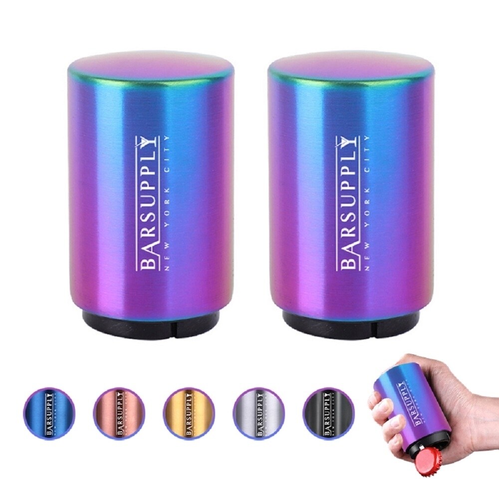 BARSUPPLY 2-Pack Beer Bottle Opener - Push Down and Pop Off Bottle Opener - Automatic Beer Top Popper - Magnetic Cap Catcher -