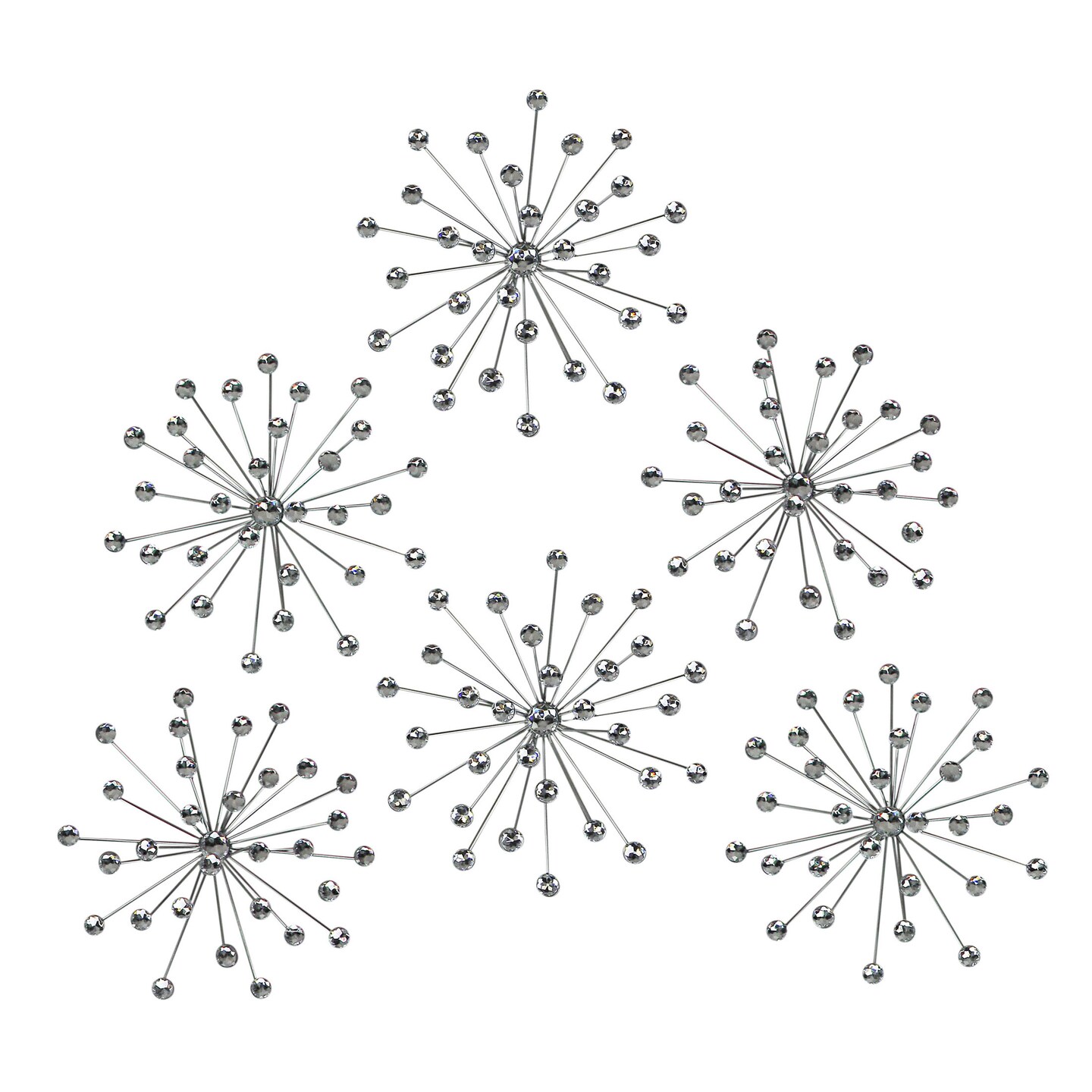 Set Of 6 Silver Starburst Jeweled Metal Decorative Wall Art Hangings