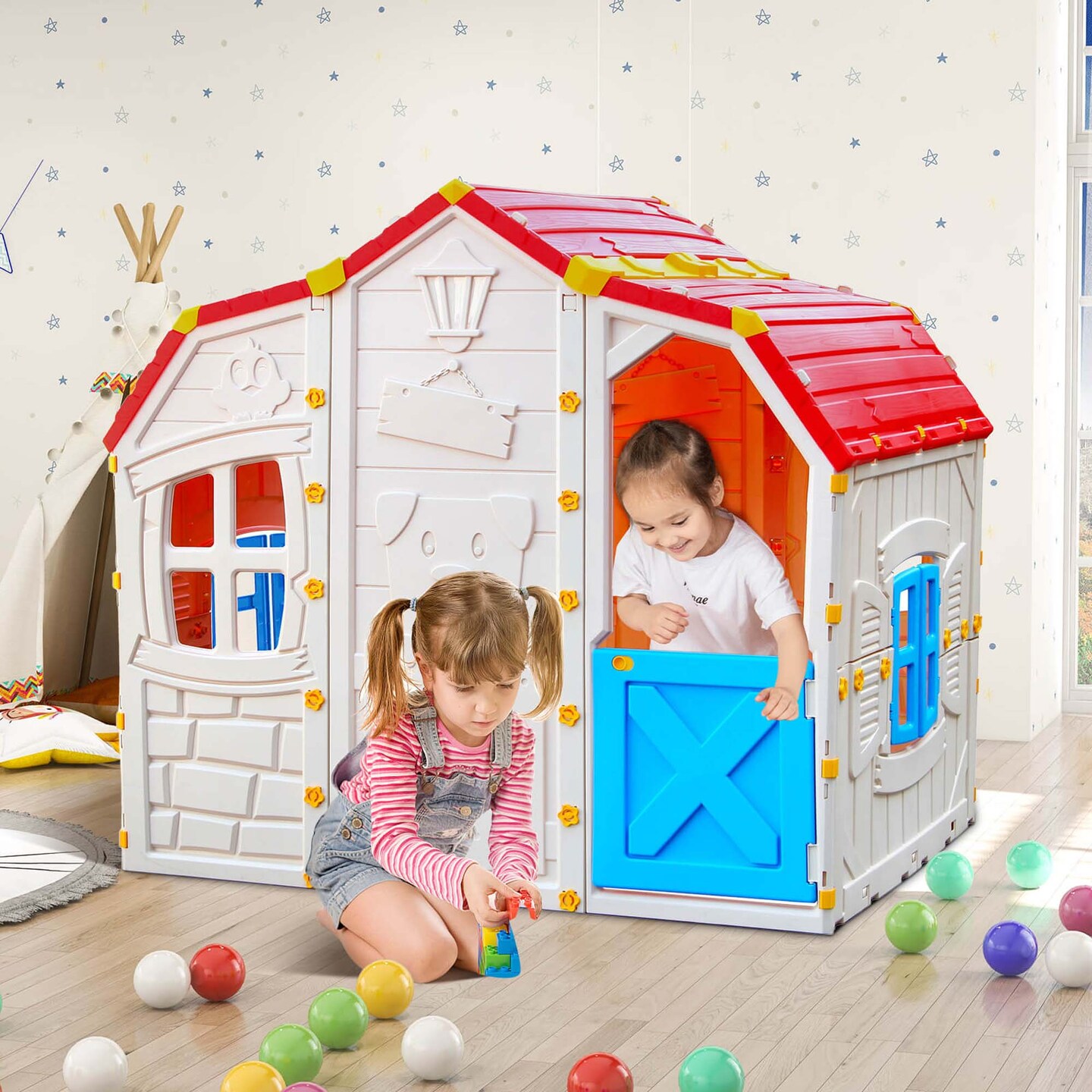 Costway Kids Playhouse Realistic Cottage Playhouse with Openable Windows & Working Door