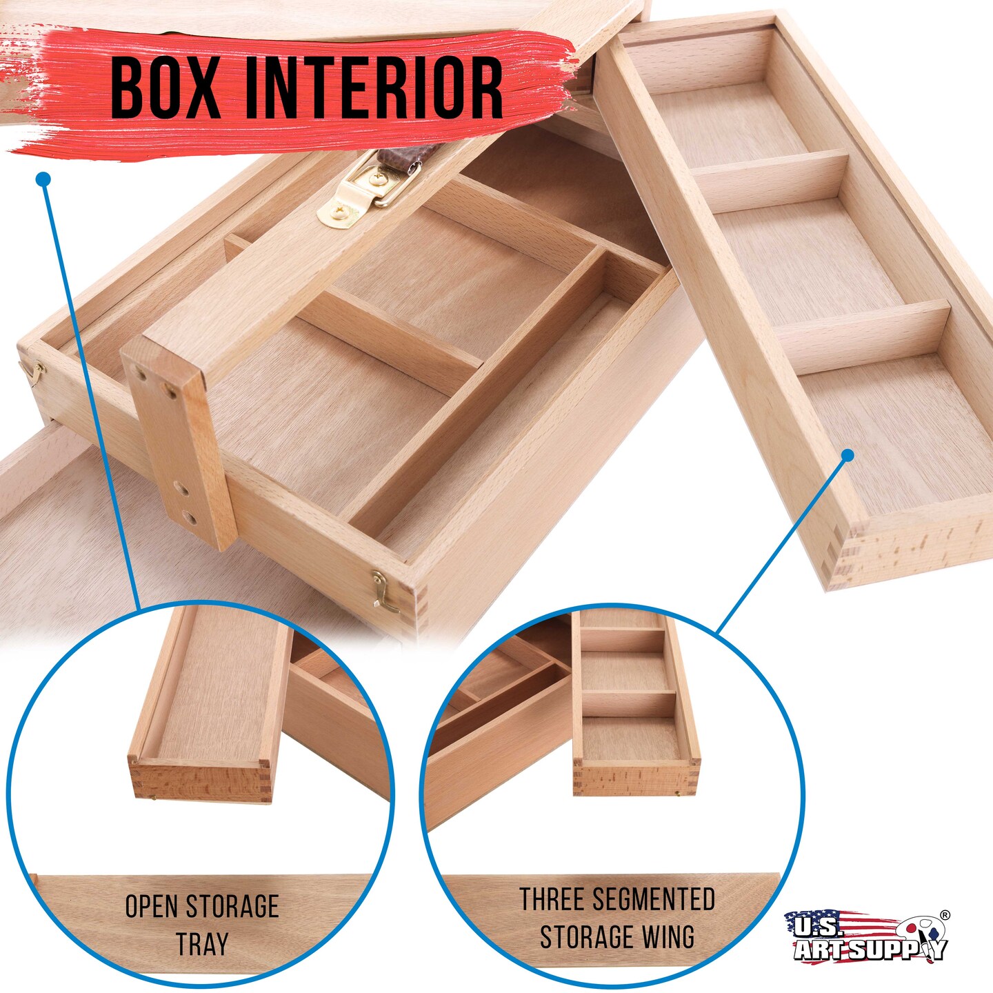 Large Multi-Function Wooden Artist Tool &#x26; Brush Storage Box