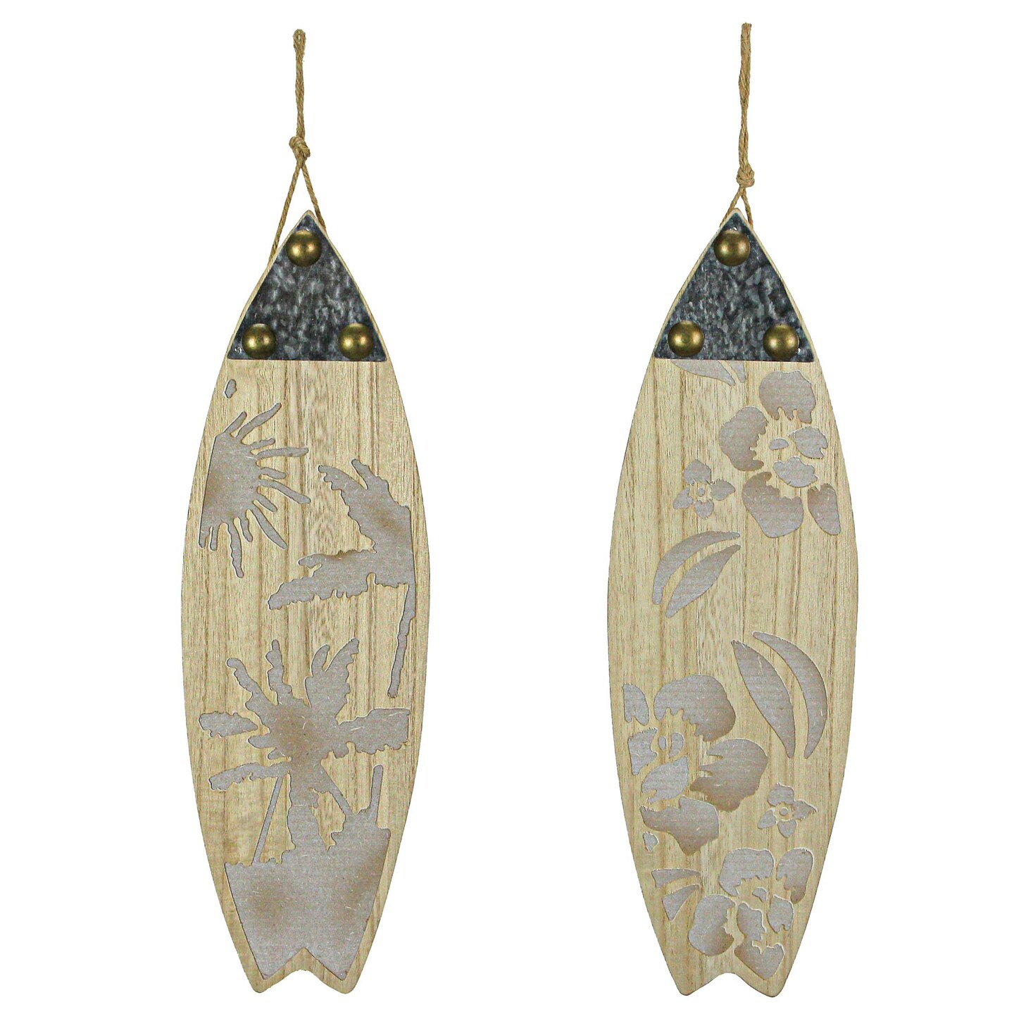 16 Inch Carved Wood &#x26; Metal Surfboard Wall Hanging Beach Home Decor Art Set of 2