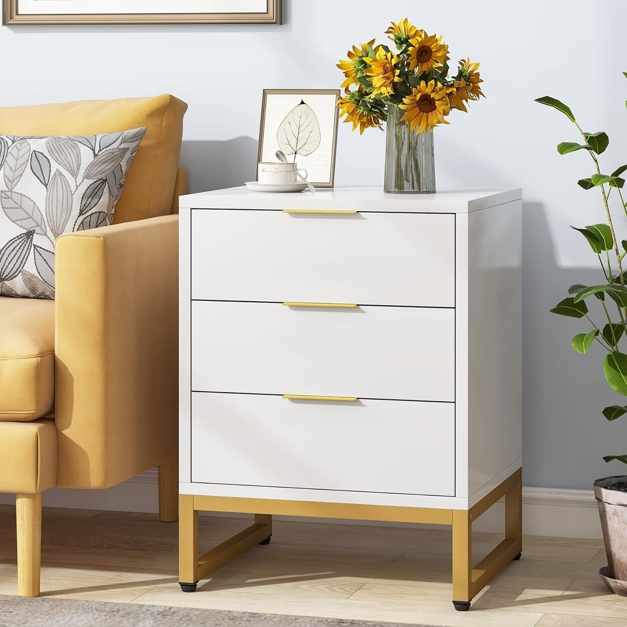 Tribesigns 3 Drawer Nightstand Modern Bedside Table White Gold Metal Frame
