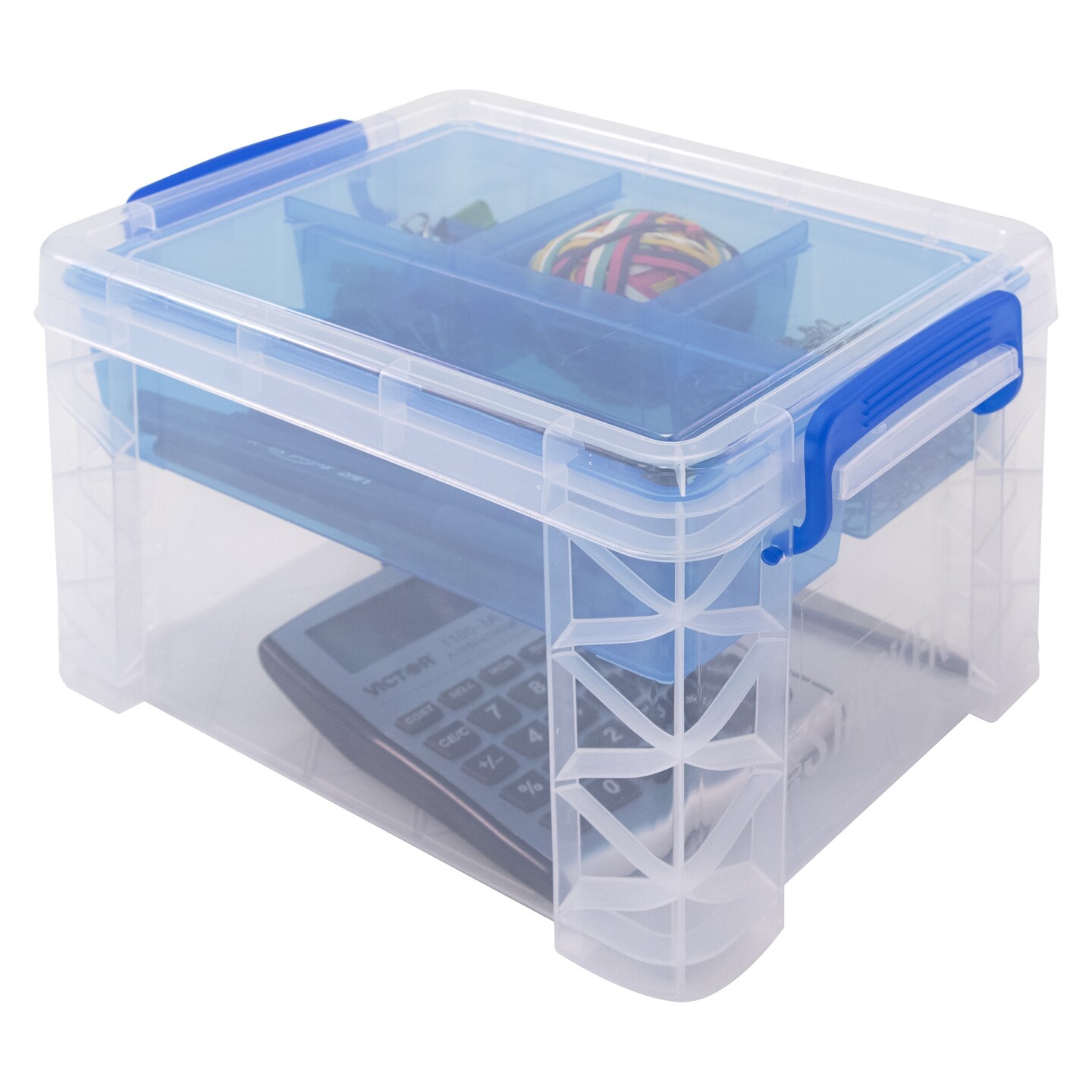 Storage Studios Super Stacker Divided Storage Box-6.38"X7.25"X10.88 Clear/Blue Handles
